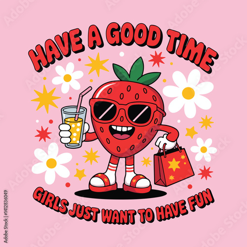 Strawberry Character with Drink and Shopping Bag