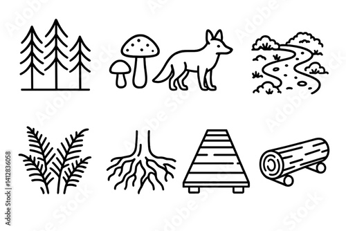 outline vector icons of national parks: cabin icon, forest sign, trailhead marker, mountain range, wildlife icon, campfire ring, ranger station, tent icon. set of line style icons in a modern,