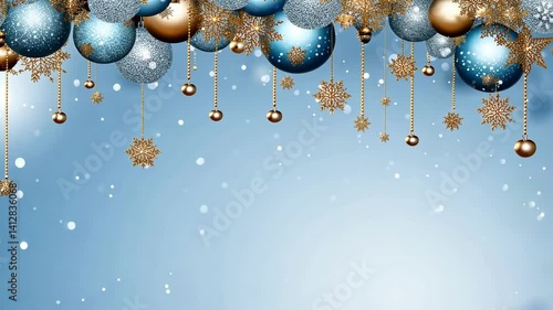 Christmas gold, silver and blue balls frame. Shining hanging Christmas balls. Blue background. Shining bokeh effect.  and a New Year's video card