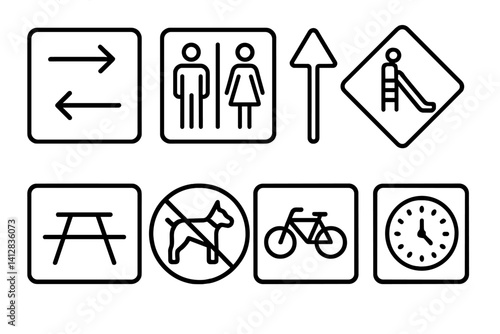 outline vector icons of public park signs: directional arrows, restrooms sign, trailhead marker, playground ahead, picnic area, no dogs, bike lane sign, park hours. set of line style icons in a