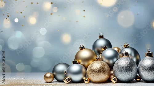 Christmas background with golden balls. Christmas balls. Shining Christmas balls, gold glitter, stars. Shining bokeh effect. and a New Year's video card