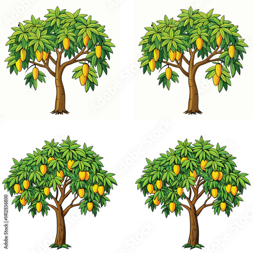 Four Cartoon Style Mango Trees With Ripe Fruits And Green Leaves Isolated