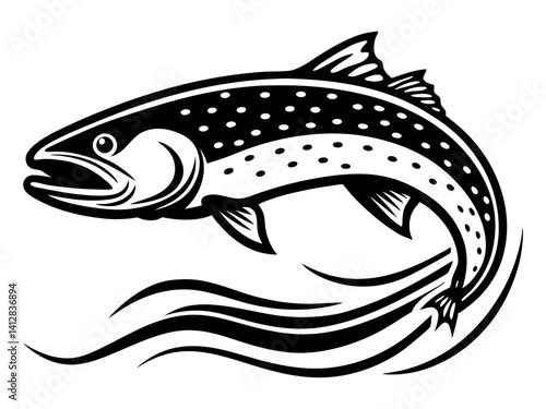 Brown Trout Logo. Unique, Bold, and Eye-catching Brown trout jumping out of the water. Suitable for any Brown Trout Fishing events. Print on T-shirt, etc 