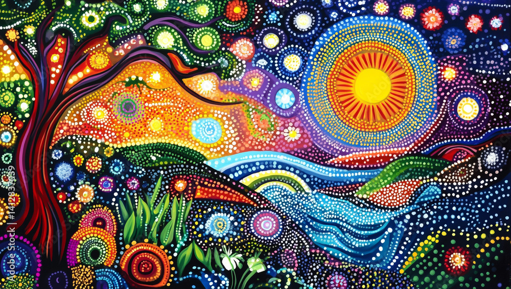A detailed and colorful painting of an indigenous dot art pattern depicting the natural world. A detailed and colorful painting of an indigenous dot art pattern depicting the natural world.