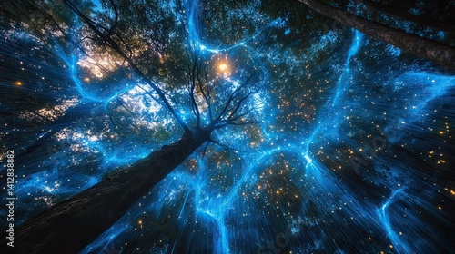 Ethereal Bioluminescent Forest with Light Rays in Enchanted Landscape