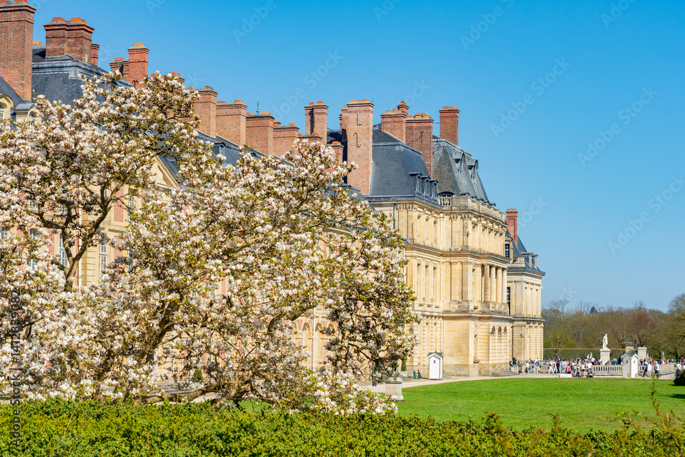 Fontainebleau palace (Chateau de Fontainebleau) and gardens in spring, France
