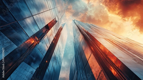 Low Angle Hero Shot of Deconstructivist Facade with Dramatic Sky