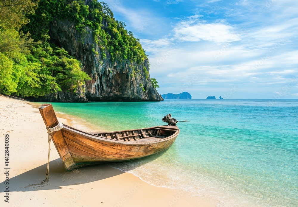 Serene Tropical Beach with Wooden Boat, Crystal Clear Waters, Lush Greenery, and Dramatic Cliffs Under Bright Blue Skies in a Paradise Setting Serene Tropical Beach with Wooden Boat, Crystal Clear Waters, Lush Greenery, and Dramatic Cliffs Under Bright Blue Skies in a Paradise Setting