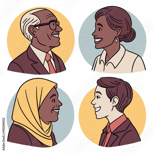 Set of business people avatars. Collection of portraits of happy men and women of different ages and races. Vector illustration