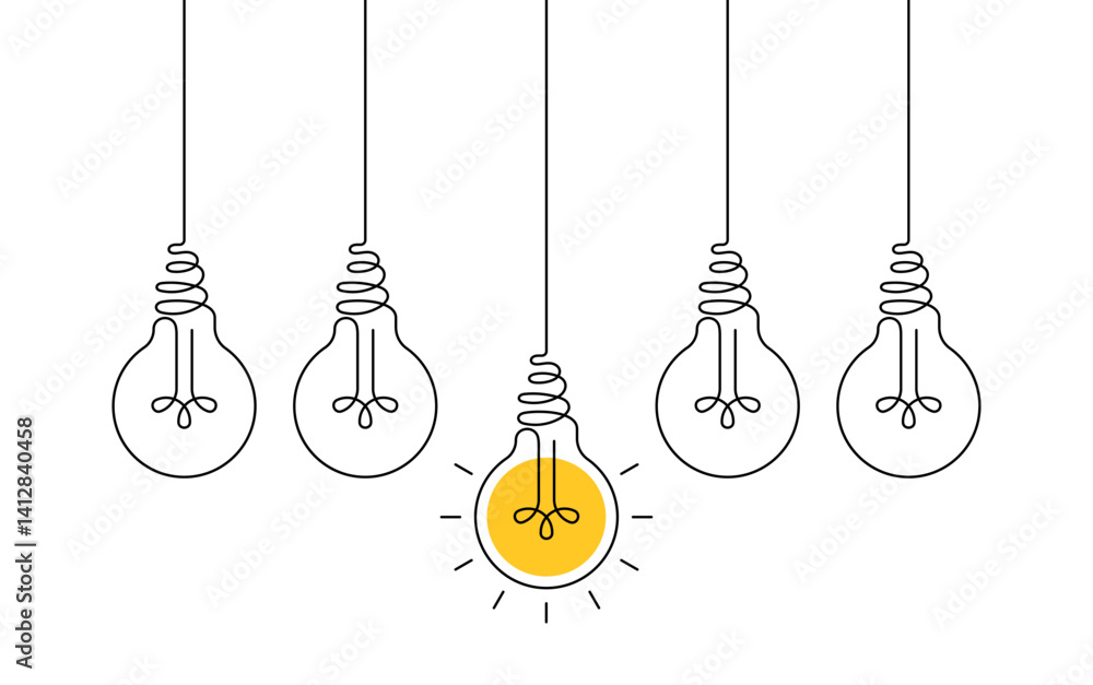 Hanging light bulbs with one glowing on white background. Continuous line drawing light bulb. Concept of idea
