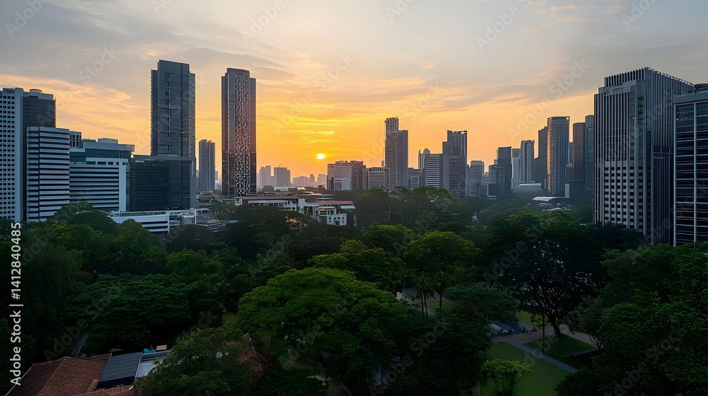 Sunset City Skyline With Lush Parkland Sunset City Skyline With Lush Parkland