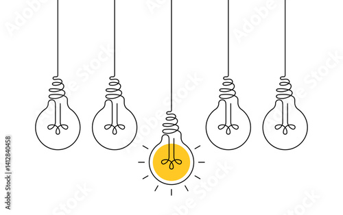 Obraz na płótnie Hanging light bulbs with one glowing on white background. Continuous line drawing light bulb. Concept of idea w salonie