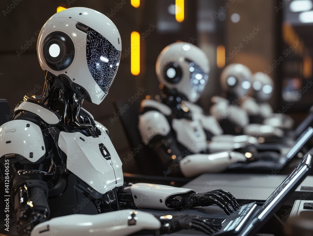 Fototapeta premium Robotic Workforce: A futuristic look at a line of advanced robots, each diligently working on their own individual laptop, signifying progress and innovation in the realm of artificial intelligence.