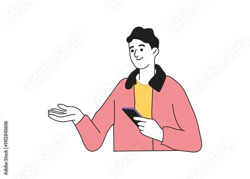 Man using a smartphone, looking at the screen with a smile
