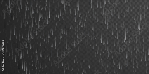 Rain drops on transparent background. Falling water drops. Nature rainfall. Vector illustration