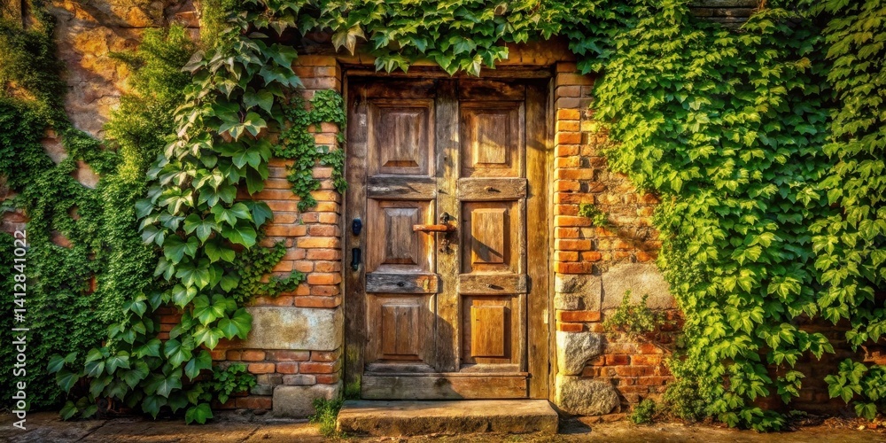 Rustic wooden door nestled within a brick wall, completely covered in vibrant green ivy vines Rustic wooden door nestled within a brick wall, completely covered in vibrant green ivy vines