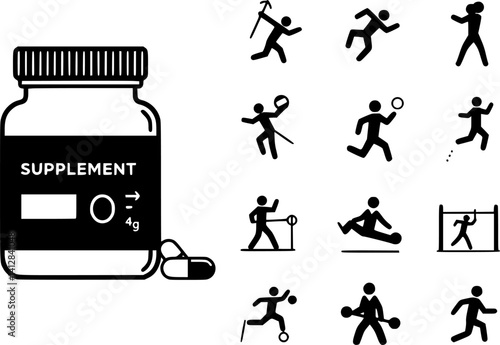 Transparent PNG available
Supplement Jar With Capsule Line and Silhouette Icon Set. Vitamins, Health Support, Dietary Supplementation And Wellness. Editable Stroke. Isolated Vector Illustration