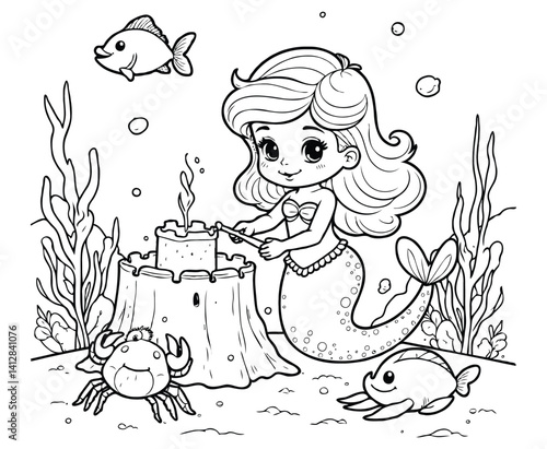 Mermaid Building Sandcastle with Crab Underwater Coloring Page