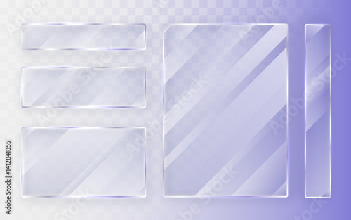Glass plates set. Glass banners on transparent background. Flat glass. Vector illustration