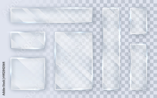 Glass plates set. Glass banners on transparent background. Flat glass. Vector illustration