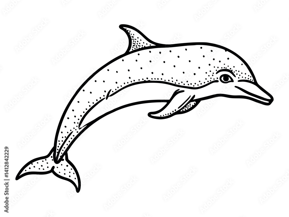 Fototapeta premium Bottlenose dolphin jumping high with splash. Zentangle and stippled stylized vector illustration. Black and white illustration on white background. Adult anti-stress coloring book. Pattern.