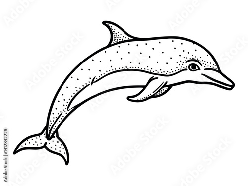 Bottlenose dolphin jumping high with splash. Zentangle and stippled stylized vector illustration. Black and white illustration on white background. Adult anti-stress coloring book. Pattern.