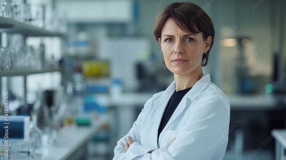 Portrait of a middle-aged woman in a laboratory setting, showcasing her expertise and professionalism. She embodies a strong presence in scientific research and innovation. Portrait of a middle-aged woman in a laboratory setting, showcasing her expertise and professionalism. She embodies a strong presence in scientific research and innovation.