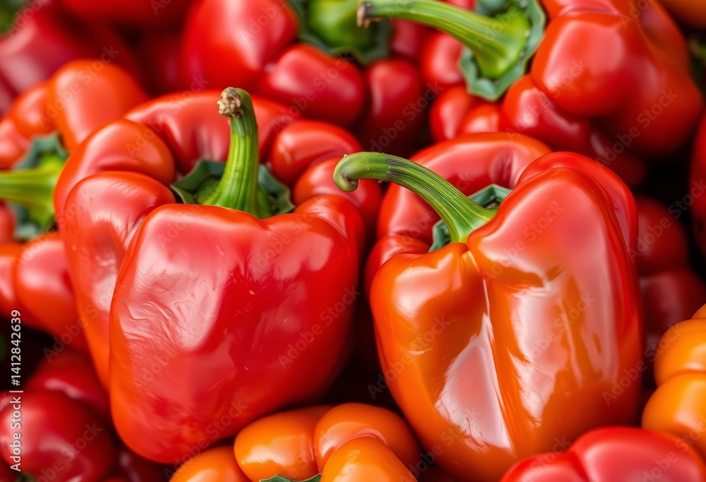 Vibrant sweet peppers, close-up, showcasing texture and color, detail, agriculture Vibrant sweet peppers, close-up, showcasing texture and color, detail, agriculture