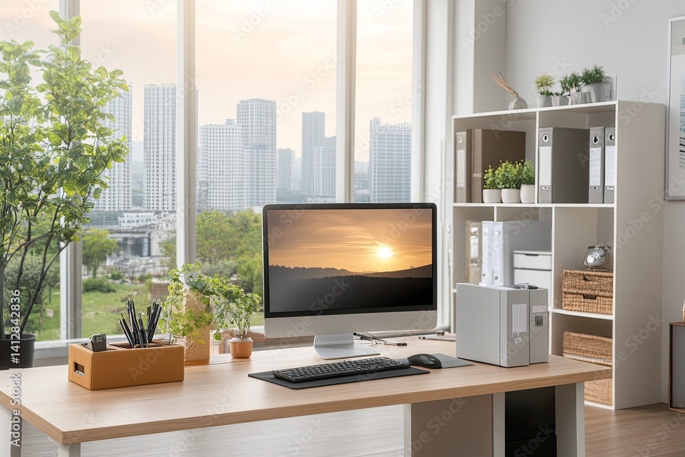 Modern Office Workspace with Computer and Natural Light Overlooking Cityscape at Sunset Modern Office Workspace with Computer and Natural Light Overlooking Cityscape at Sunset