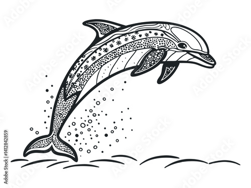 Bottlenose dolphin jumping high with splash. Zentangle and stippled stylized vector illustration. Black and white illustration on white background. Adult anti-stress coloring book. Pattern.