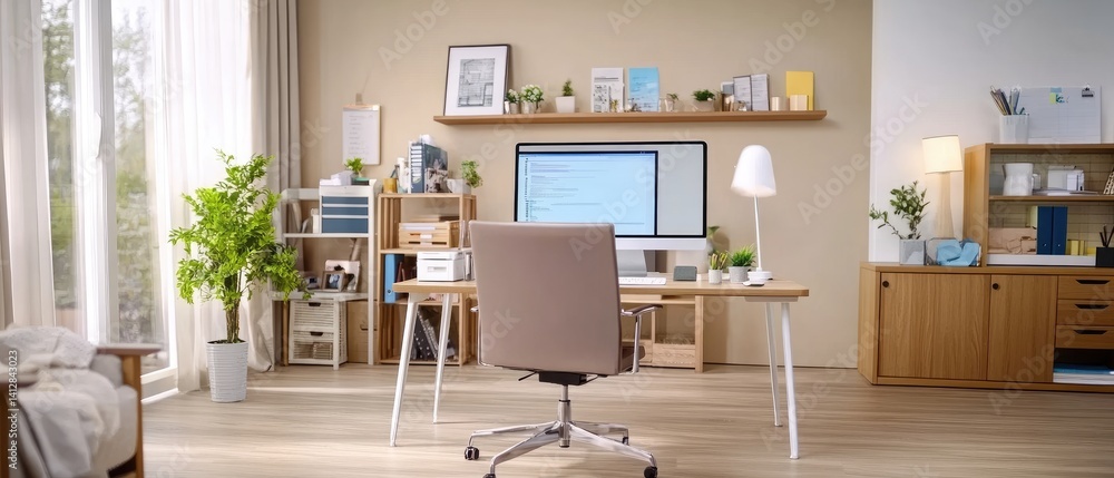 Modern Home Office Workspace Featuring Natural Light, Desk, Chair, Decorative Plants, Shelves, Computer Screen, and Minimalist Design Elements for Productive Environment Modern Home Office Workspace Featuring Natural Light, Desk, Chair, Decorative Plants, Shelves, Computer Screen, and Minimalist Design Elements for Productive Environment