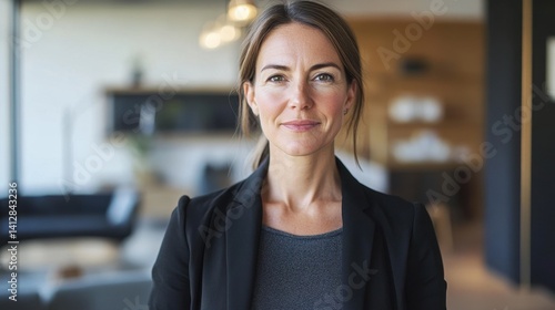 Portrait of a confident European woman in her early 40s, dressed in a stylish black blazer. She exudes warmth and professionalism in a modern interior setting.