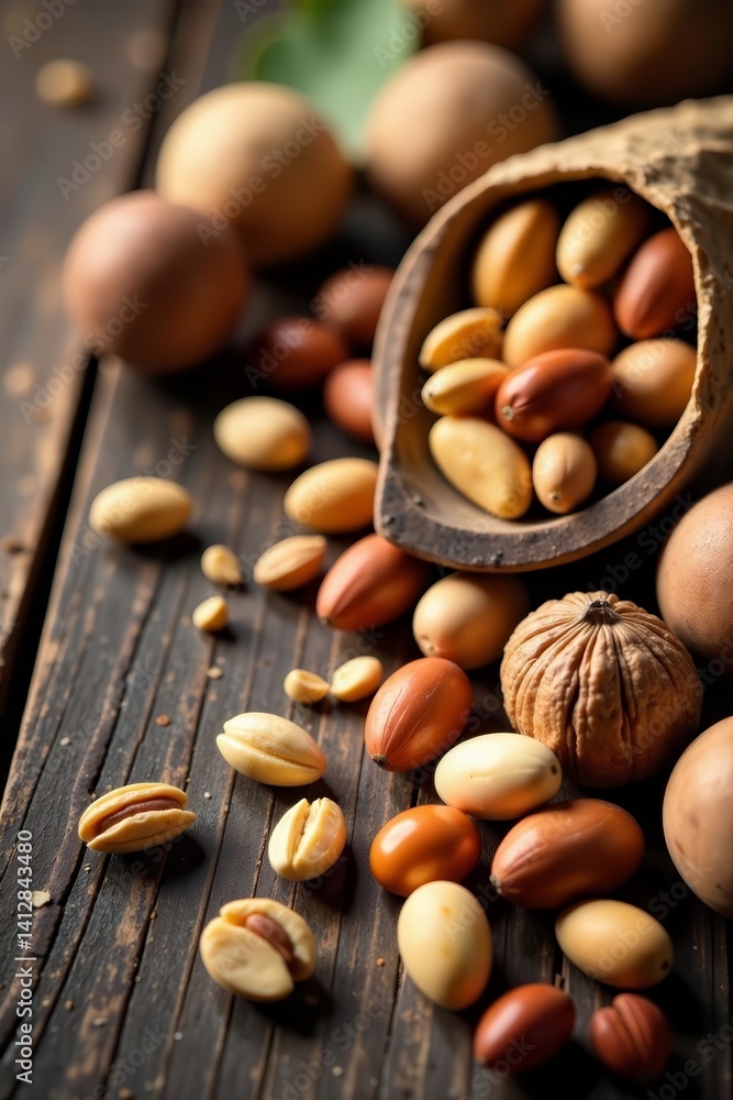Mixed nuts and seeds scattered on old wooden table, wooden, rustic Mixed nuts and seeds scattered on old wooden table, wooden, rustic