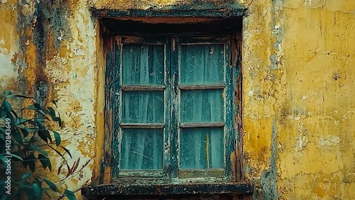 Rustic wooden window with peeling paint on a weathered yellow wall, surrounded by greenery