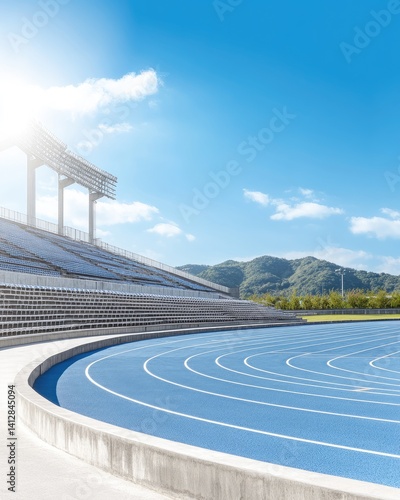Bright and Inviting Sports Stadium with Blue Running Track and Clear Sky Overlooking Green Hills in a Modern Athletic Venue