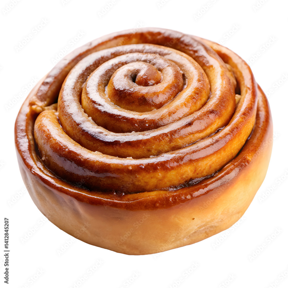 Fototapeta premium Single Glazed Cinnamon Roll Isolated On White Background Food Photography