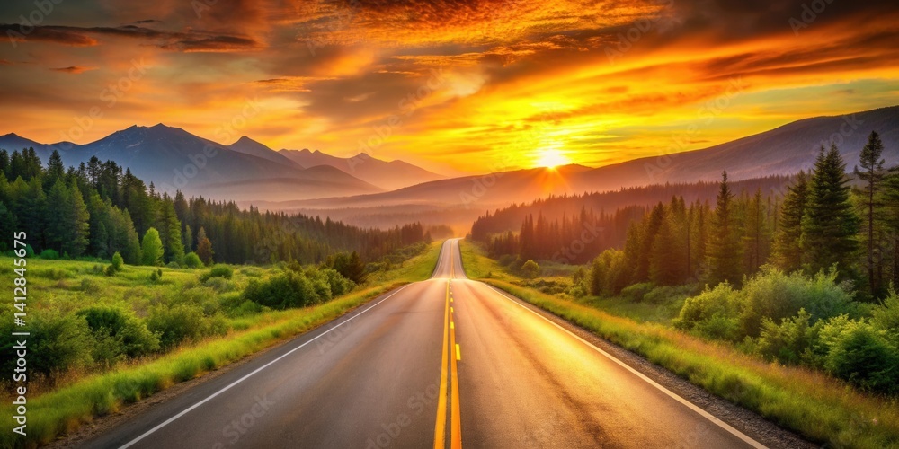 Naklejka premium Asphalt road leading towards a vibrant sunrise over a mountainous landscape with lush green vegetation