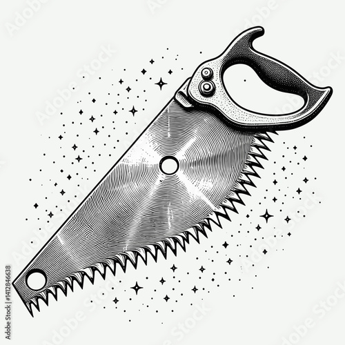 Detailed black and white illustration of a hand saw with a pattern of stars in the background