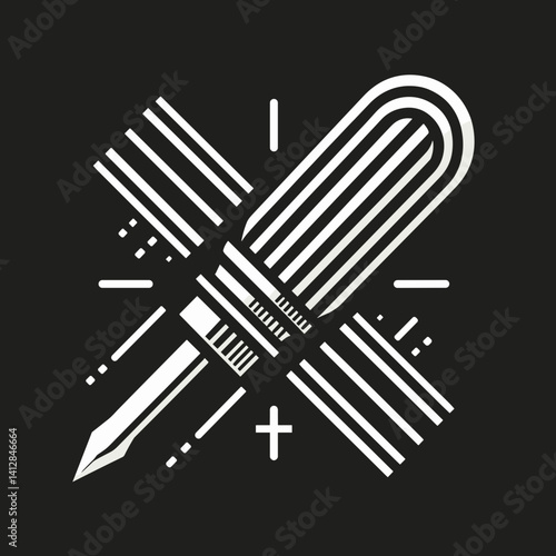 Monochrome illustration of a screwdriver combined with crossed planks on a black background