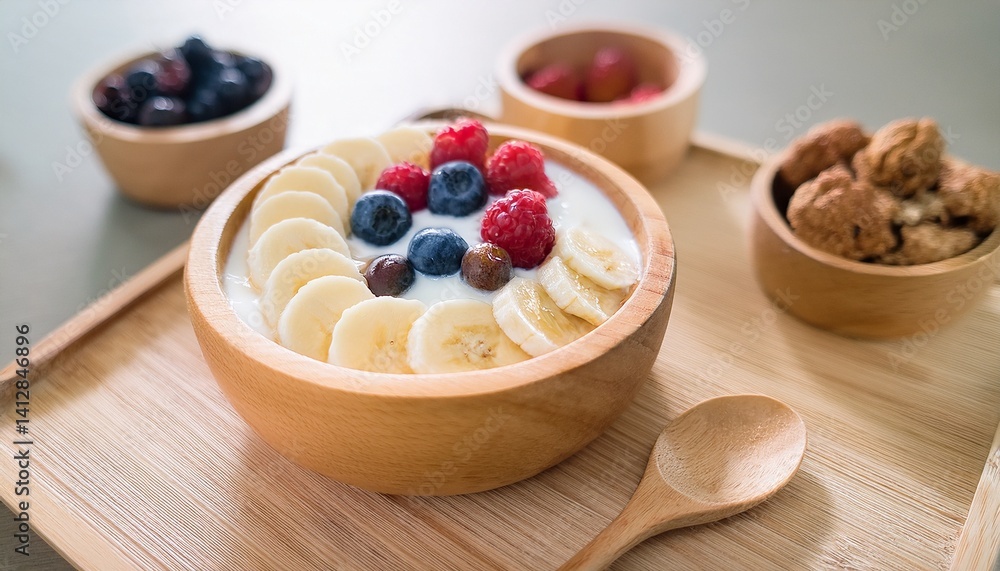 A delicious breakfast bowl with fresh fruits and yogurt in a wooden bowl, showcasing a healthy eating concept A delicious breakfast bowl with fresh fruits and yogurt in a wooden bowl, showcasing a healthy eating concept