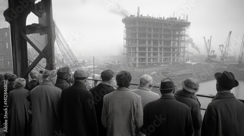 People Watch New Deal Construction from Bridge, B&W Photo