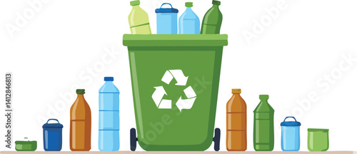 Recycling bin with empty cans and bottles vector isolated, eco waste concept
