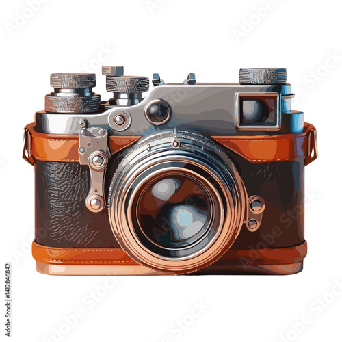 Vintage-style camera with a leather finish and shiny metallic details