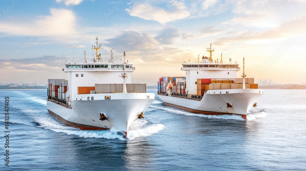 Fototapeta premium Two Large Container Ships Navigating in Calm Waters Under a Beautiful Sky at Sunset, Showcasing Maritime Industry and Transportation