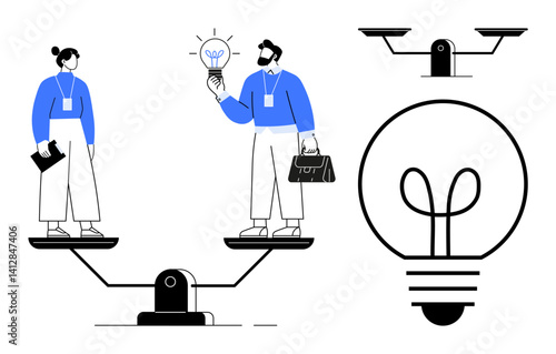 Businessman with briefcase and businesswoman with folder standing on balanced scale, exchanging light bulb representing ideas. Ideal for teamwork, equality, collaboration, innovation, leadership