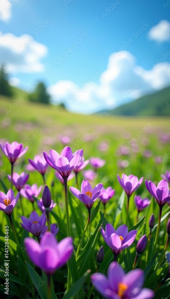 Stunning spring meadow blanketed with vibrant purple flowers under clear blue sky, amazing, purple Stunning spring meadow blanketed with vibrant purple flowers under clear blue sky, amazing, purple