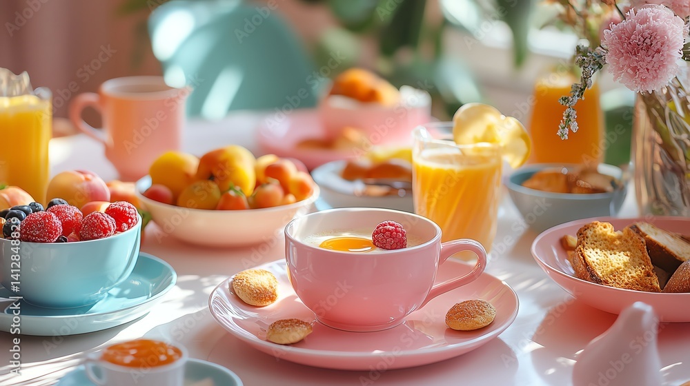 A charming breakfast table featuring retro dishes, adorned with pastel-colored foods that evoke nostalgia and warmth. A charming breakfast table featuring retro dishes, adorned with pastel-colored foods that evoke nostalgia and warmth.