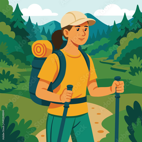 Illustration of a young woman hiking with poles and backpack through a green forest path. Represents outdoor activity, travel, eco tourism and healthy lifestyle.