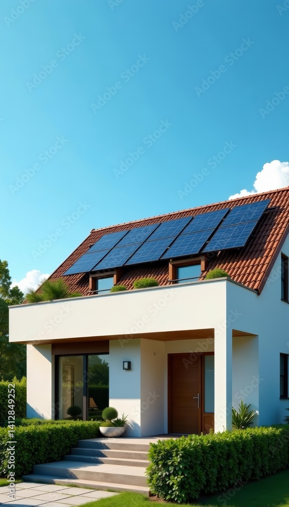 Stylish urban home with solar panels on rooftop against clear blue sky, rooftop, energy Stylish urban home with solar panels on rooftop against clear blue sky, rooftop, energy