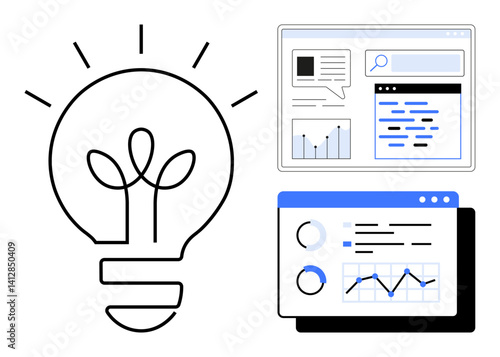 Light bulb with growing elements, analytics dashboard, and communication interface. Ideal for innovation, business growth, data analysis, teamwork, strategy, technology and a simple landing page